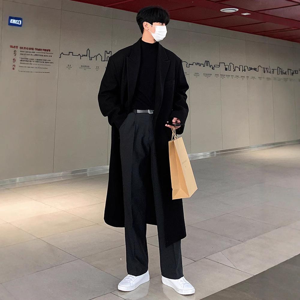 Men's Korean Style Mid-Length Over-the-Knee Wool Coat - Thick, Loose, Trendy Winter Windbreaker