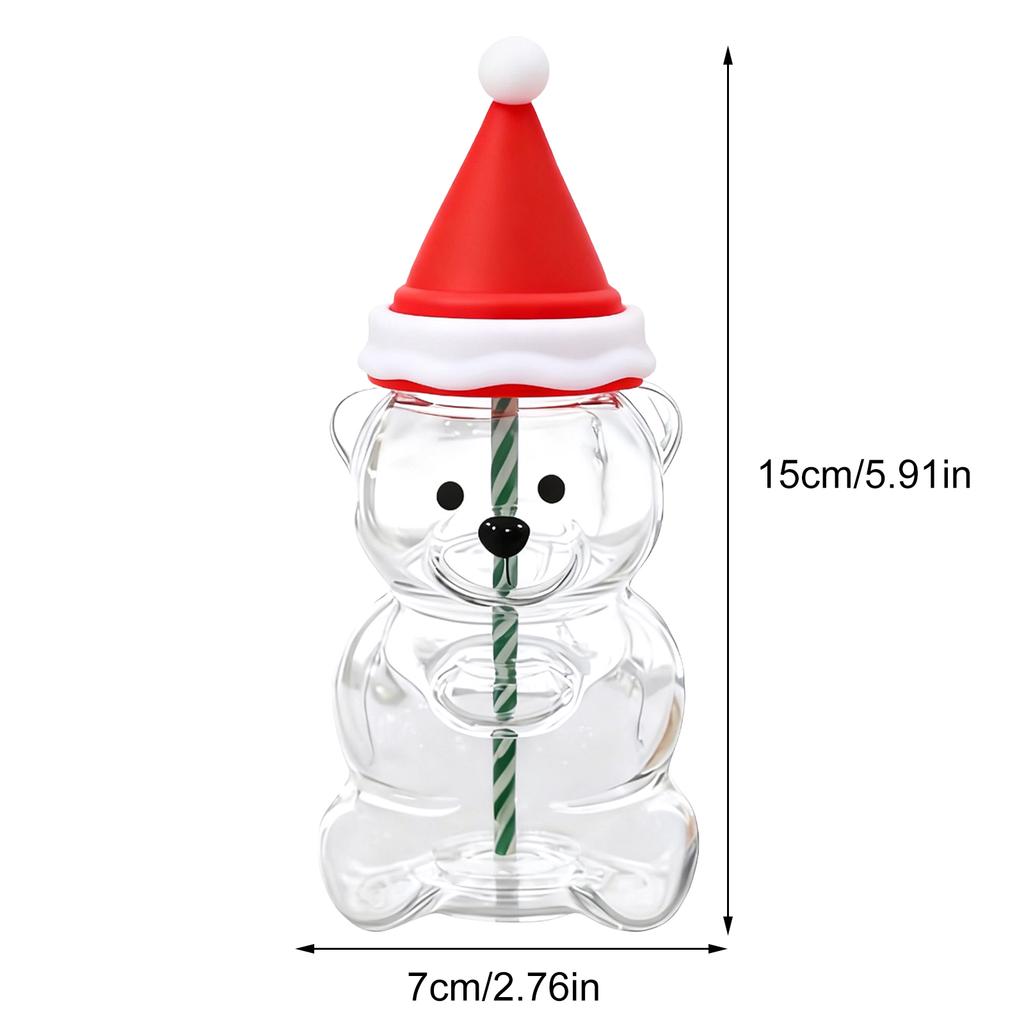 Christmas Bear Glass Jar Cute Transparent Cold Cup with Straw Reusable Water Bottle Milk Beverage Tumbler for Holiday Party