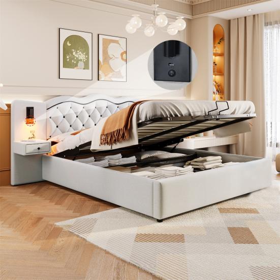 180x200cm Flat Bed, Upholstered Bed, Integrated Headboard, Hydraulic Lifting Mechanism, USB Connection, Two Bedside Lamps, Large Storage Space, Grey,