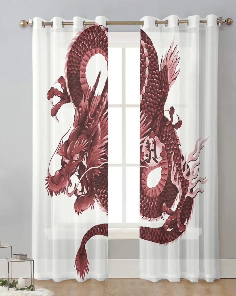 Asian Red Angry Dragon Chiffon Sheer Curtains for Living Room Bedroom Home Decoration Window Voiles Tulle Drapes Curtain