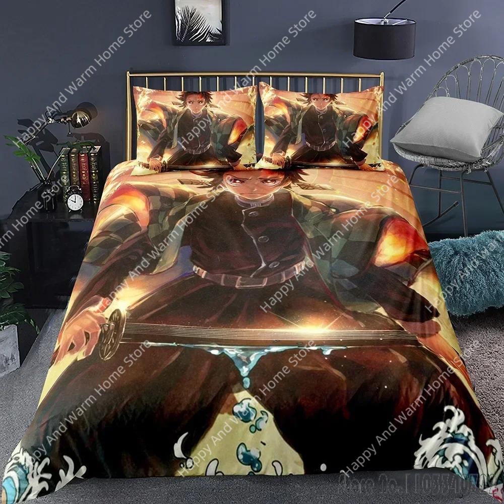Anime Demon Slayer Tecknad Tryckt Påslakan Set HD Täcktäcke Överdrag för Pojkar Sängkläder Sängkläder Sovrumsinredning