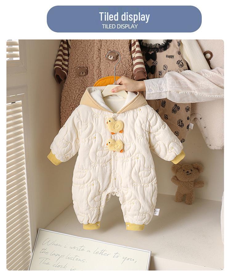 Cozy Fleece-Lined Winter Hooded Romper for Baby Boys & Girls - Thick Outdoor Wear for Infants