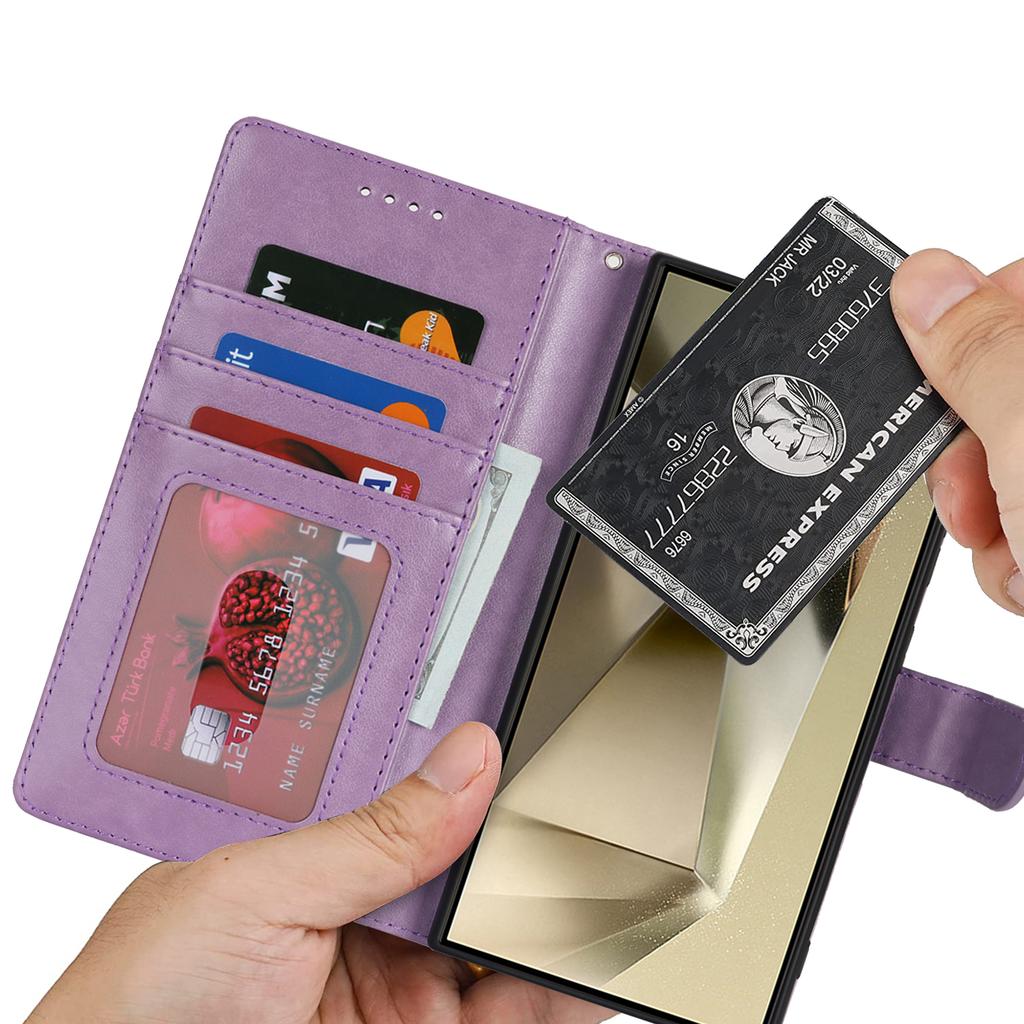 For Samsung Galaxy S24 Ultra Stand Case Textured Leather Wallet Phone Cover with Strap