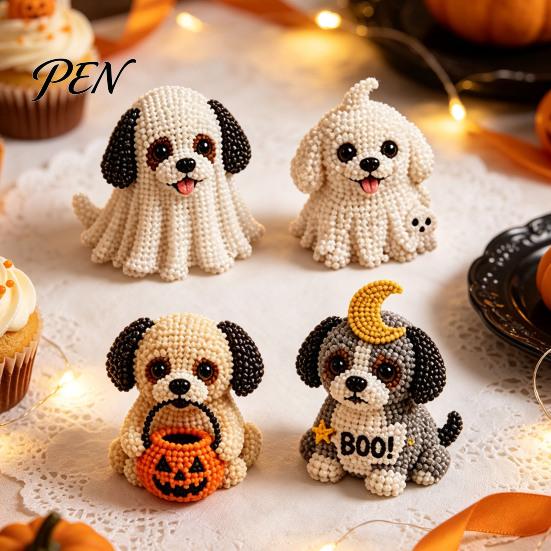 Puppy Bead Art Project Halloween Dog Set, DIY 4 Beaded Figurines, 3D Creative Hobby Sets Craft Kit for Adults Teens, Holiday Decoration Handmade Gift