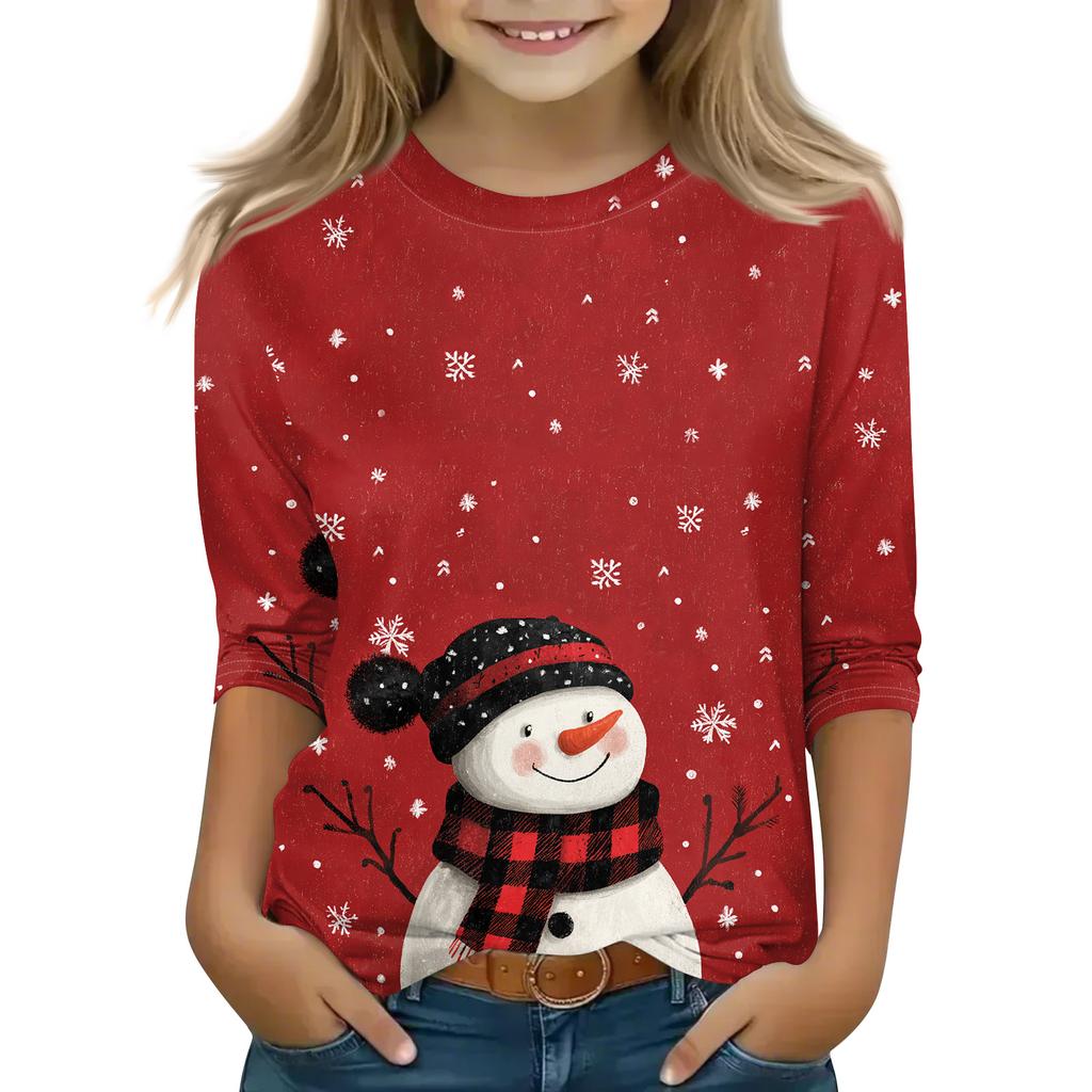 Christmas Day Print Tops For Youth Girls 4-11 Years Round Neck 3/4 Sleeves T-Shirts Trendy Tops Outfit Tees