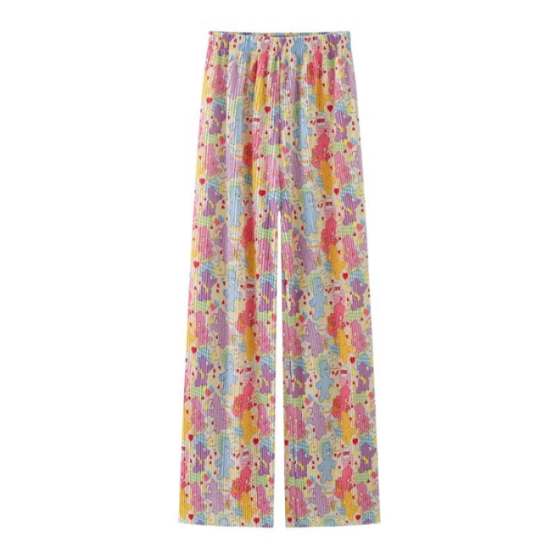 Pleated High-Waist Cartoon Print Summer Pants - Women's Loose Fit, Colorful Casual Style