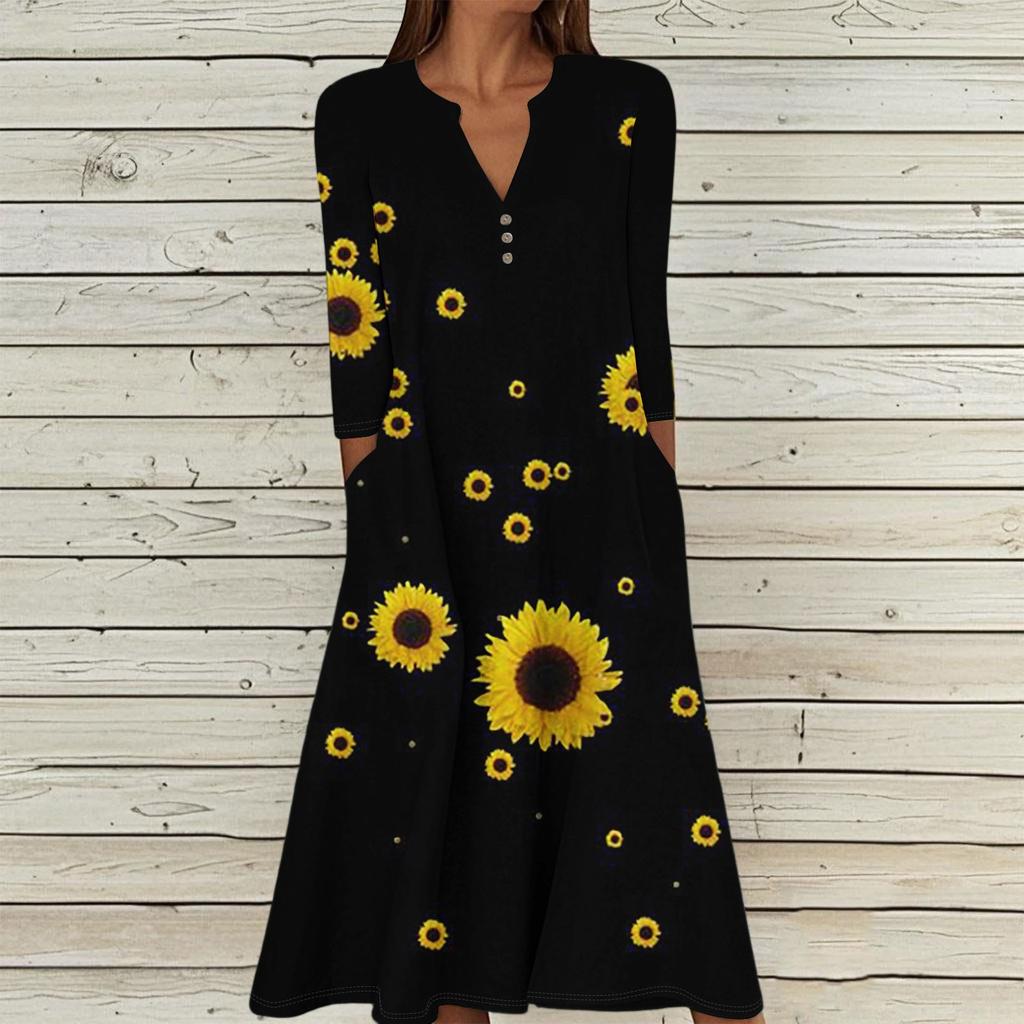 Women's Summer Casual V-Neck Button Vintage Floral Print Three-quarter Sleeve Long Dress With Pockets