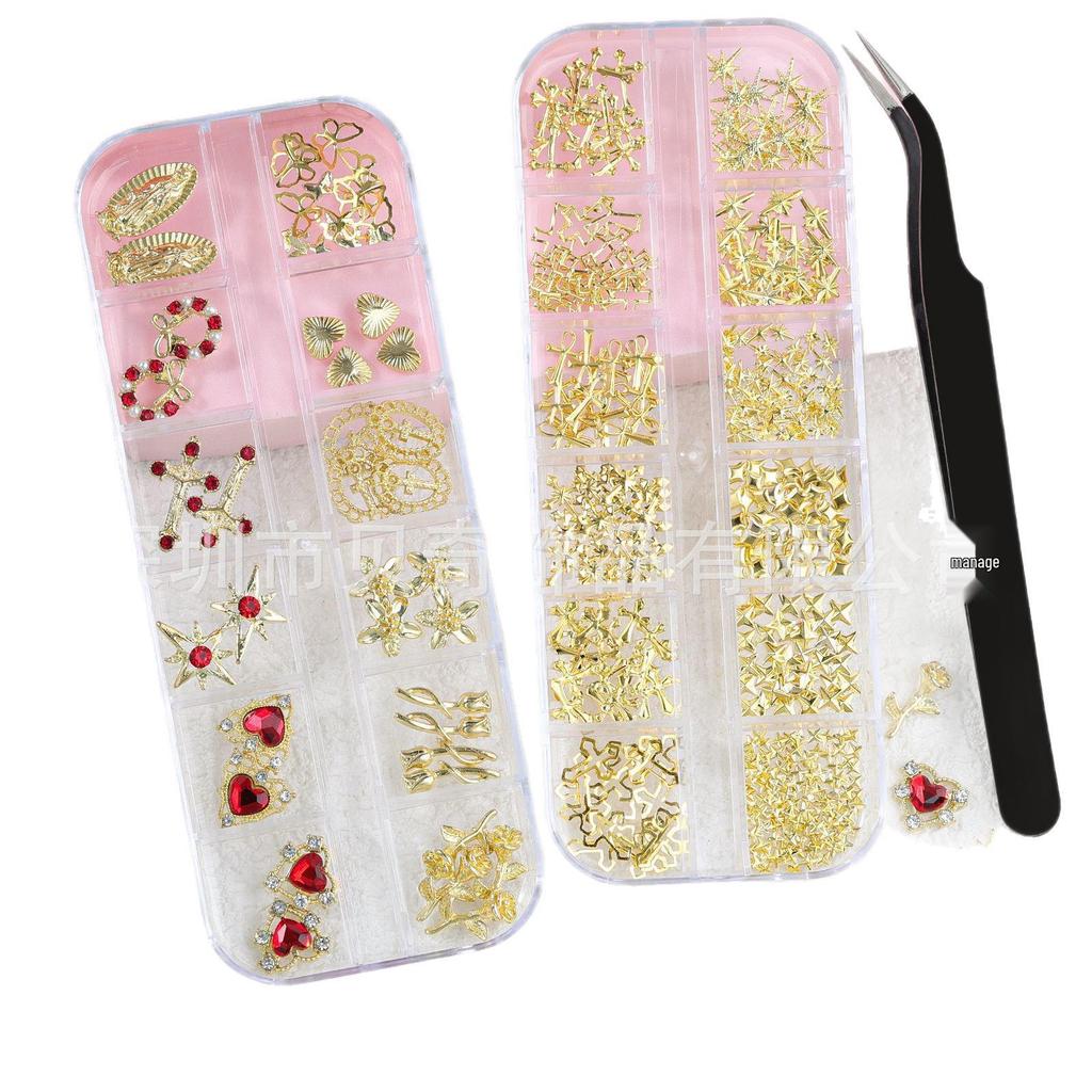 Gold & Silver Rhinestone Cross Metal Flower Nail Art Accessories