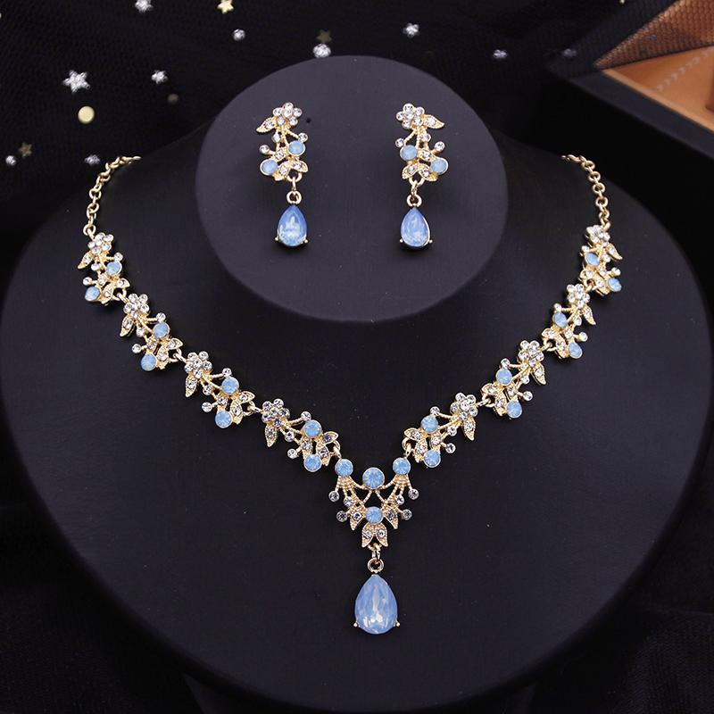 Blue Crown Bridal Jewelry Sets for Women Opal Tiara Necklace Earrings Sets Prom Wedding Bride Jewelry Costume Accessories