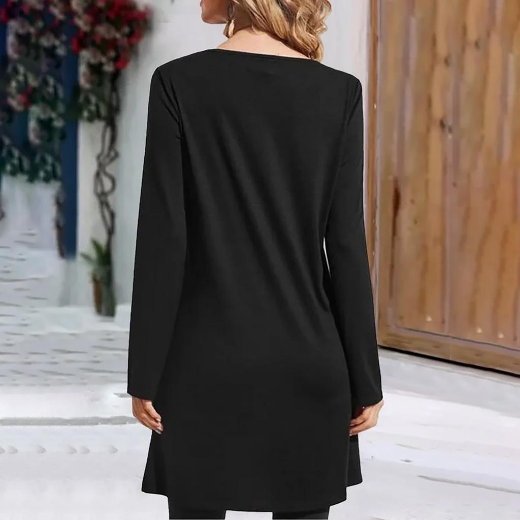 Women's Round Neck Loose Fitting Casual Long Sleeved Color Medium Length T-shirt Top