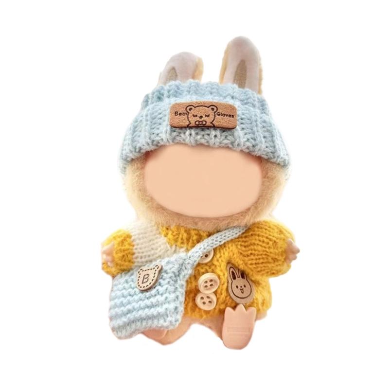 Stilvolles Strickbekleidungsset für 17cm Puppen mit modischem Pullover, Mütze und Tasche. Großartig für Sammler- und Kinderpuppen.