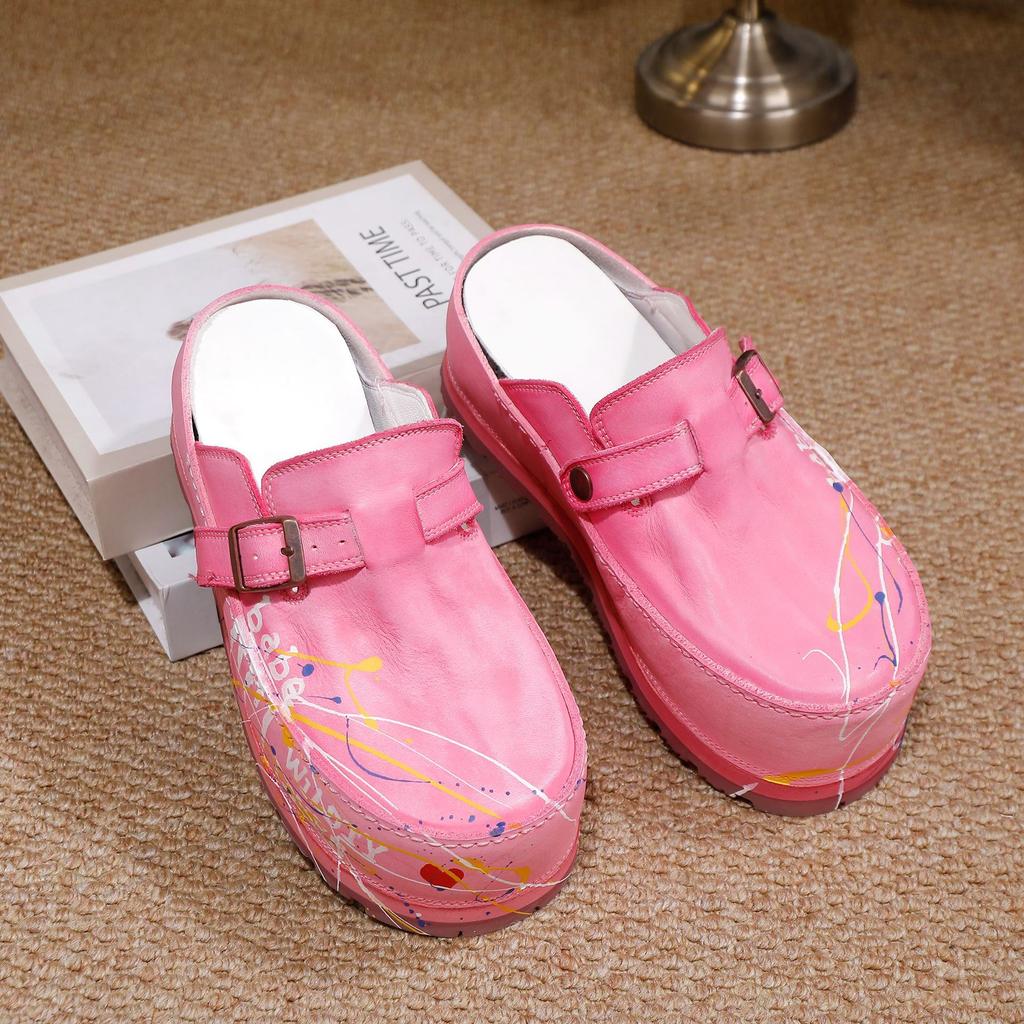 Johnature Hand Drawn Genuine Leather Thick Soled Shoes Fashion Round Toe Height Increasing Slippers