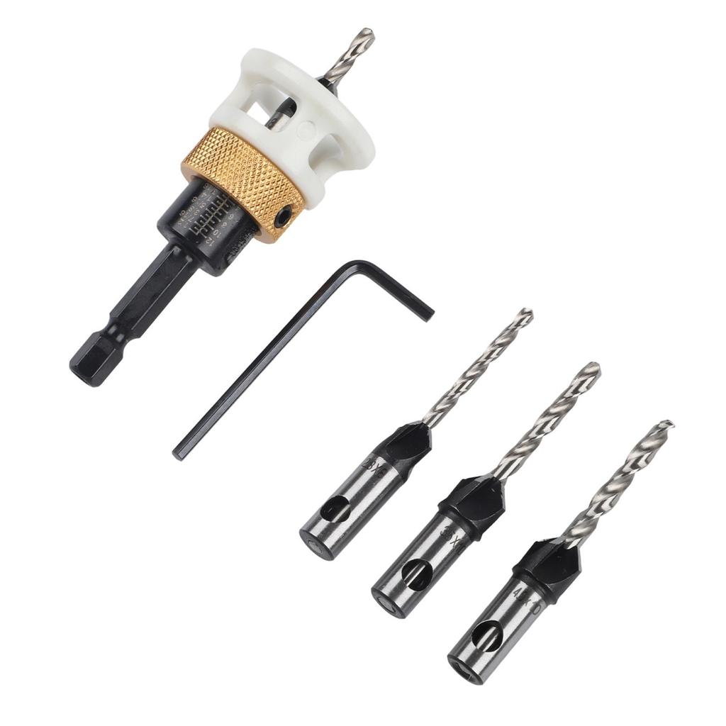 Set Of 4 Adjustable Countersink Drill Bits With Depth Stop For Woodwork