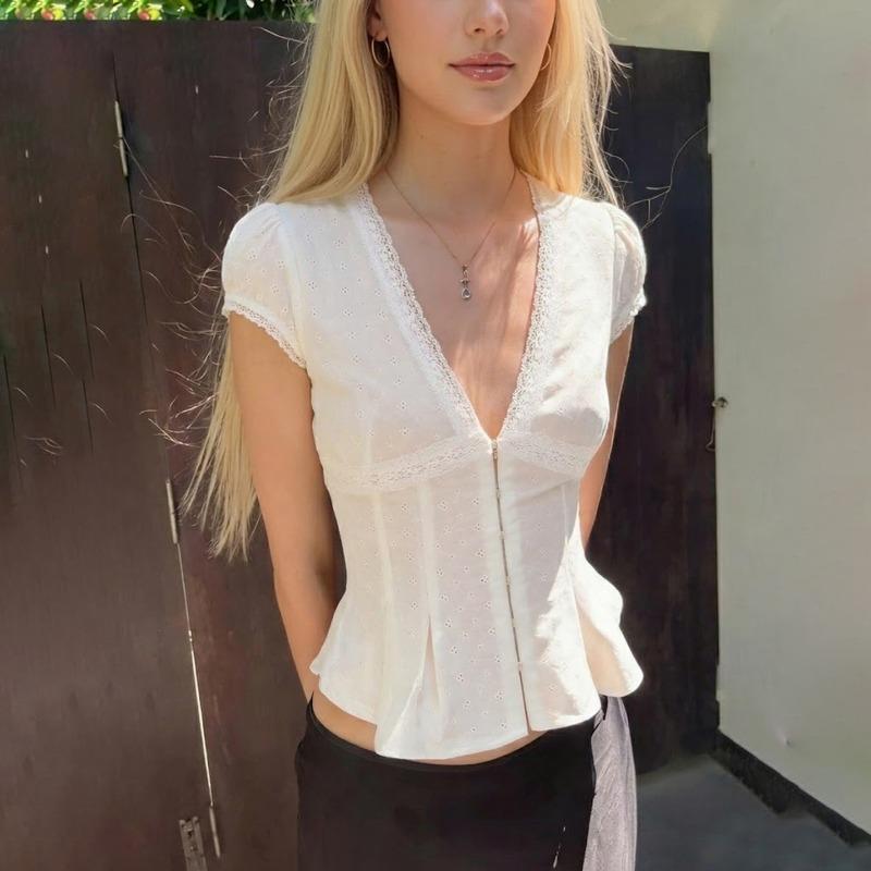 French V Neck Jacquard Button Top – Slim Fit Lace Trim Short Sleeve Solid Color Women’s Blouse