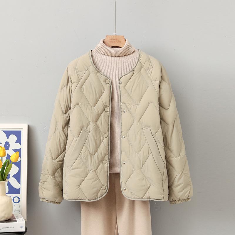 New Collarless Diamond Simple Versatile Round Neck Breasted White Duck Down Thin Lightweight Down Jacket Female Winter