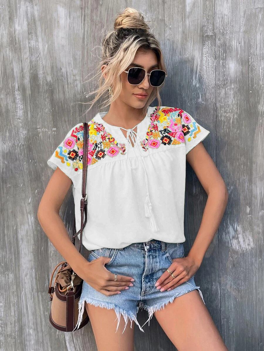 Women Loose Embroidery Tassel Tie Neck Batwing Sleeve Summer Shirt S белый