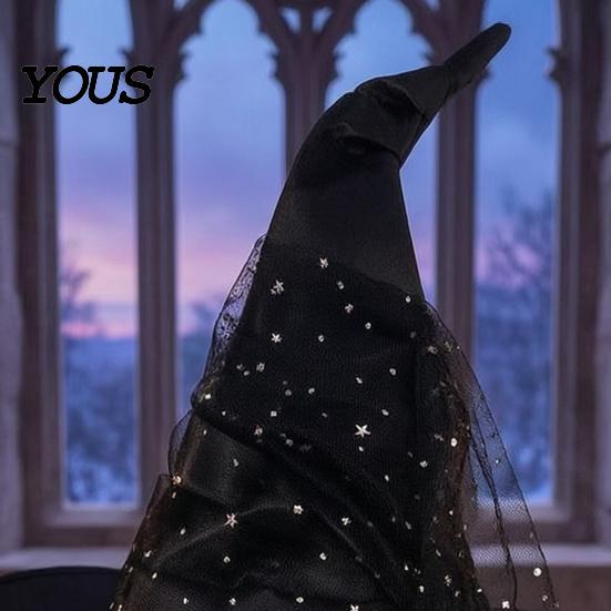 Adjustable Mesh Hat for Adults Halloween Witch Hat, Large Ruched Sequins Wizard Dark Cosplay Costume, Masquerade Party Breathable Costume