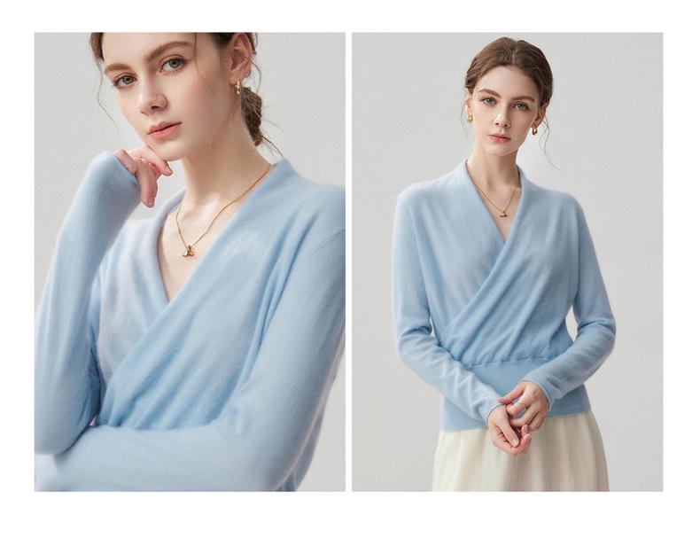 Velvet Cashmere Silk Women's Cross V-neck Sweater with Waist-cinching Knit 