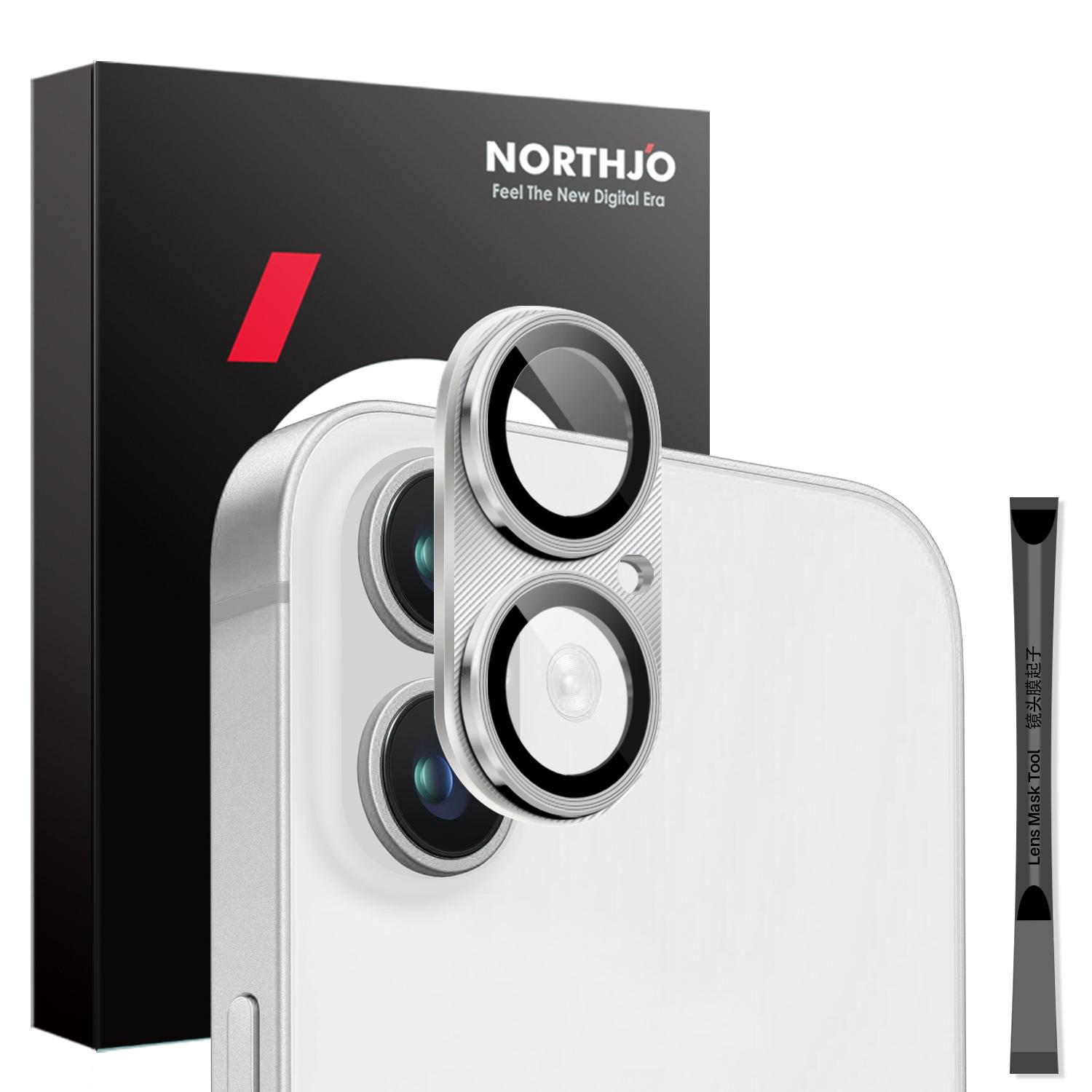 

NORTHJO For iPhone 16 Plus/16 Integrated Camera Lens Protector CD Vein Metal Frame+Tempered Glass Lens Film Silver