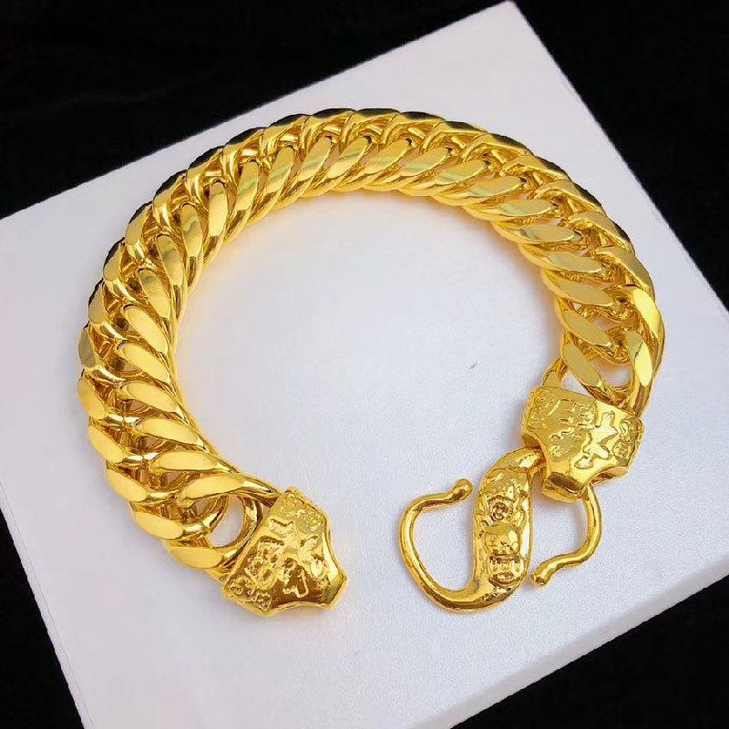 2026 Ювелирные изделия Позолоченные ювелирные изделия Плоский браслет Голова Бога Фу Браслет на руку Мужской браслет 12MM+23CM