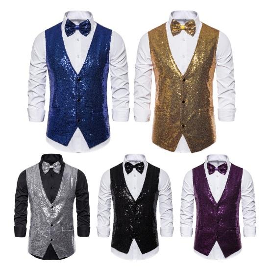 Männer Weste Bogen Set Glänzende Pailletten Ärmellos Slim Fit Cardiagn Einreiher V-ausschnitt Bühne Zeigen Emcee Leistung Männer weste