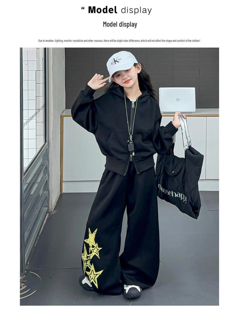 Girls' Spring & Autumn 2025 Set: Korean Style Hooded Jacket with Star Scimitar Pants for Middle & Big Kids