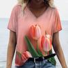 3D Tulip Floral Print T-shirt for Women, V-neck Short Sleeve, Summer Casual Top