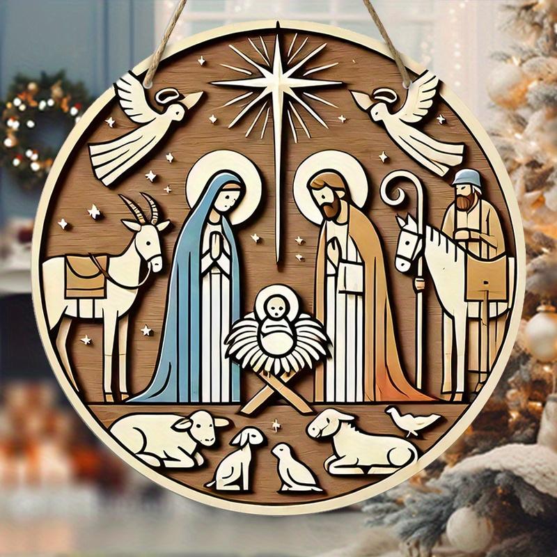 Krippe Holzweihnachtsschild - Navidad Rundes Schild für Haustür, Wandbehang-Dekor - Ideales Weihnachtsgeschenk