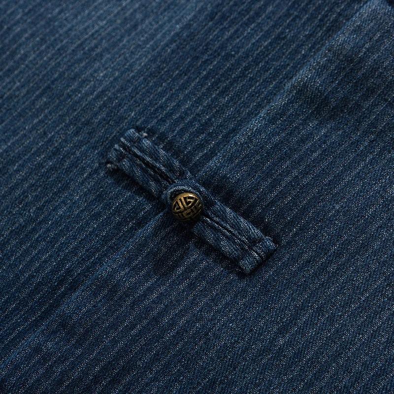 Autumn Men Chinese Style Tang Suit Shirt Washed Denim Top Traditional Kung Fu Tai Chi Denim Jacket Men Casual Cotton Coat Jacket