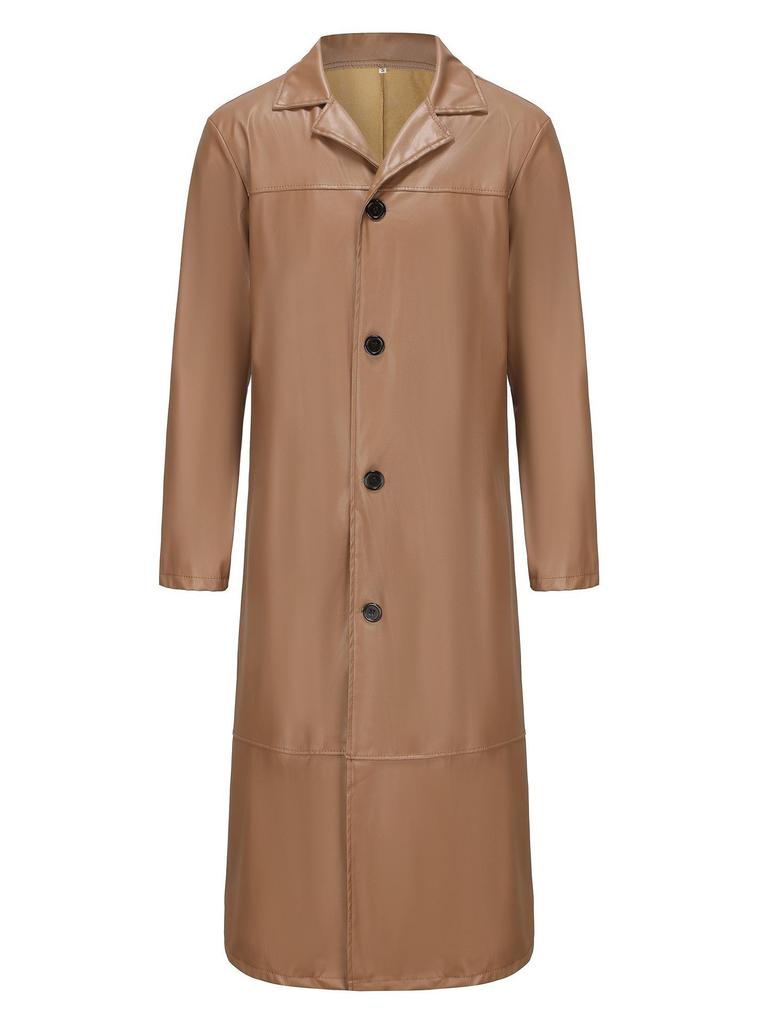 2024 Men's Extended Length PU Leather Jacket with Suit Collar - Casual Spring Fashion