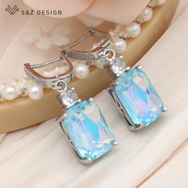 Boucles d'oreilles pendantes rectangulaires en cristal, couleur or rose, pour femmes, bijoux de mariage en zircone cubique