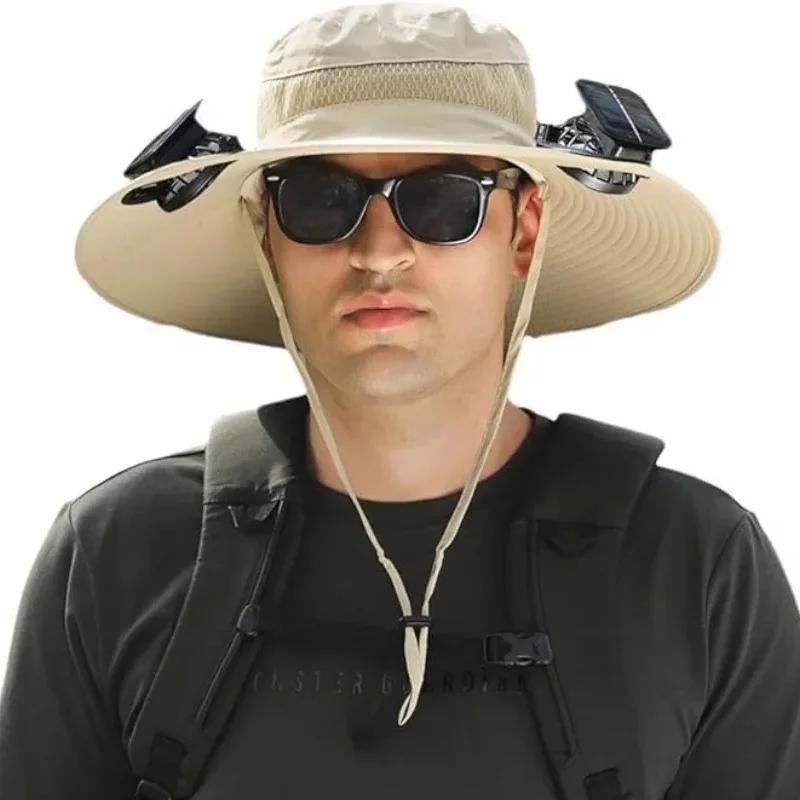 New Men's Fashion Wide Brim Solar Fan Hat UPF50+ Sun Protection with Dual Power (Solar USB) Adjustable Outdoor Beach Fishing Hat
