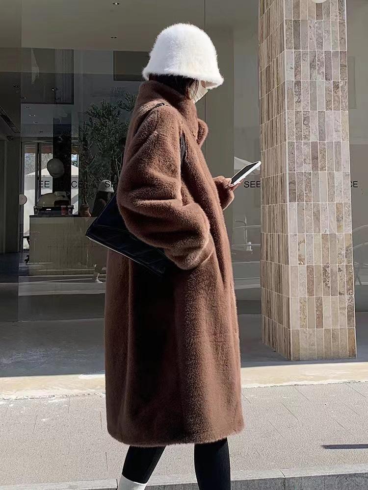 Thickened Long Stand-Up Collar Mink Hair Mink Fur Integrated Fur Environmentally Friendly Fur Jacket Women'S Coat Light And Warm