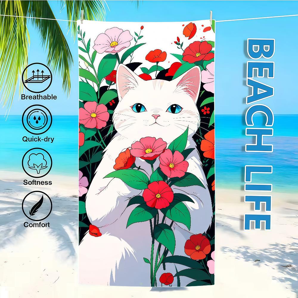 Towel Textile Flowers Bathrobe Beach Cat Surrounded Quick-Drying Adorable Lightweight Portable White Camping Swim Pool Travel