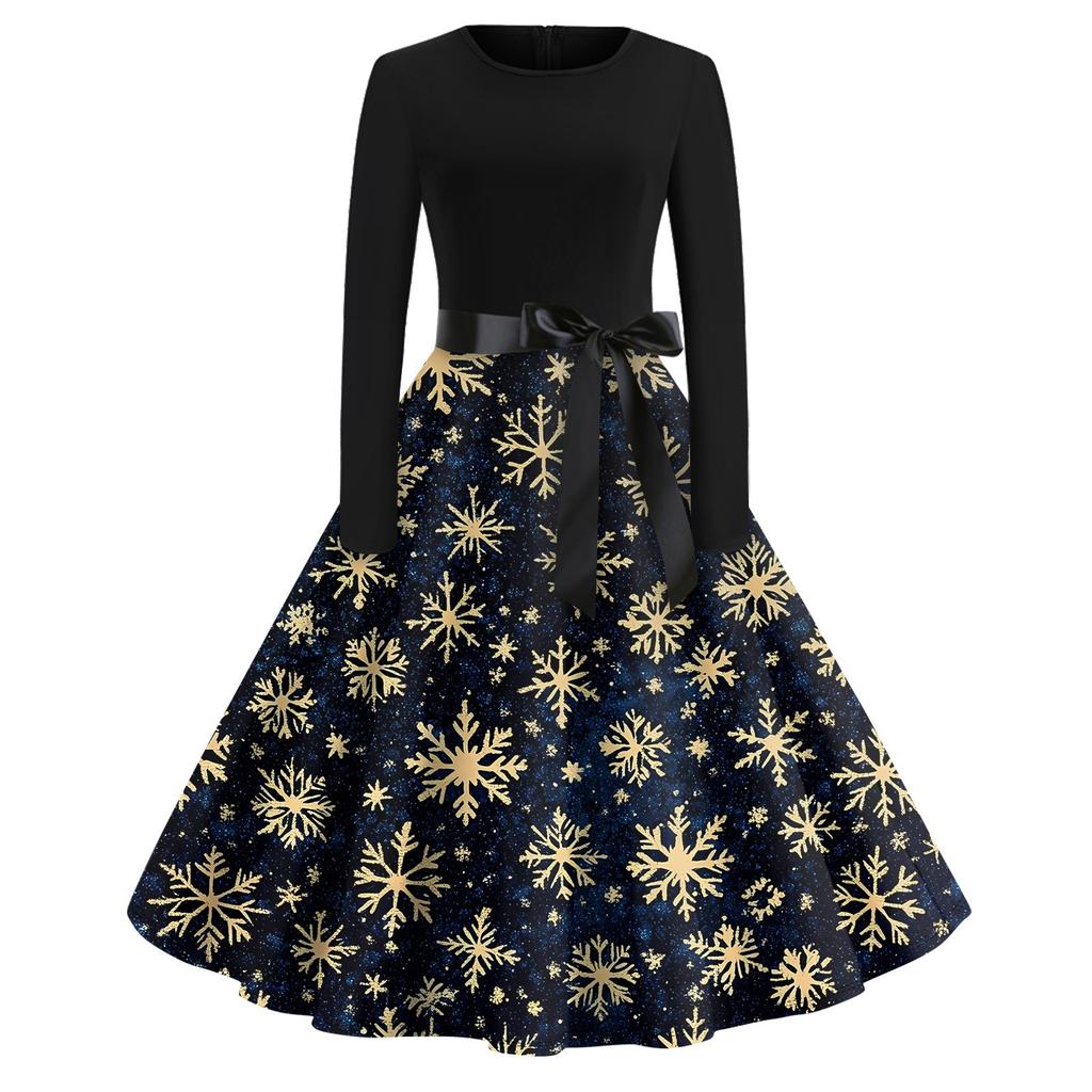 Halloween Print Flare Dress For Women Long Sleeve Dress Hollow Party Casual Round Neck Dresses