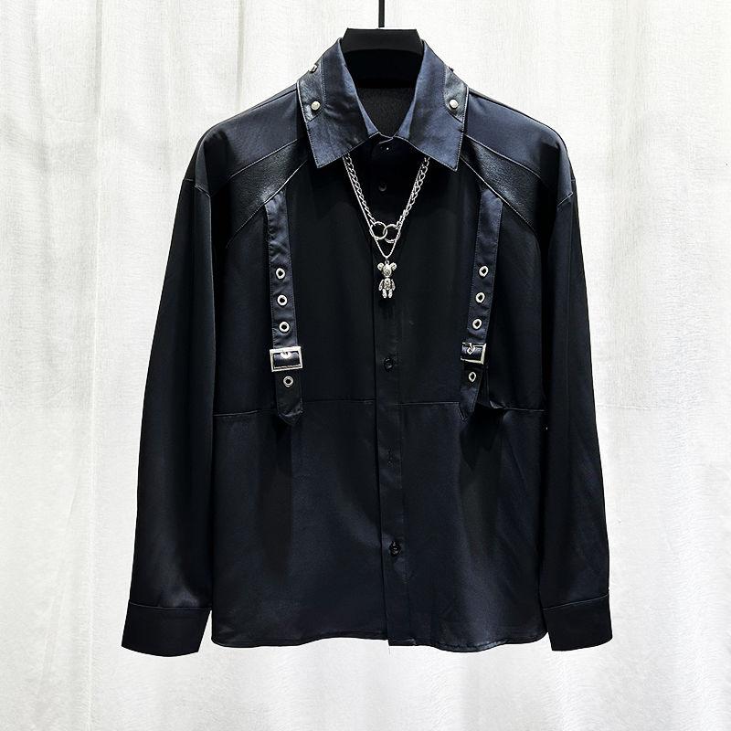 

Осень Новый Дизайн Нишевая Сращенная Рубашка с Длинным Рукавом для Мужчин Модная Личность Свободная и Универсальная Рубашка для Мужчин M чёрный