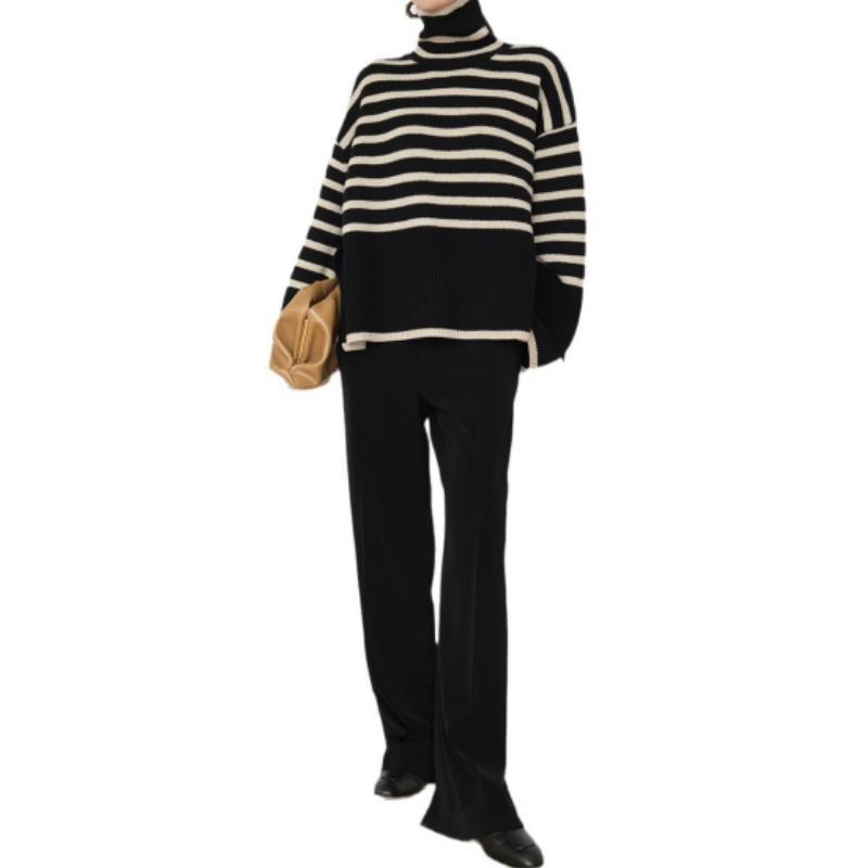 High Neck Damen Pullover für Frauen Gestreifter lockerer Rollkragenpullover Pullover Damenpullover Damen Top