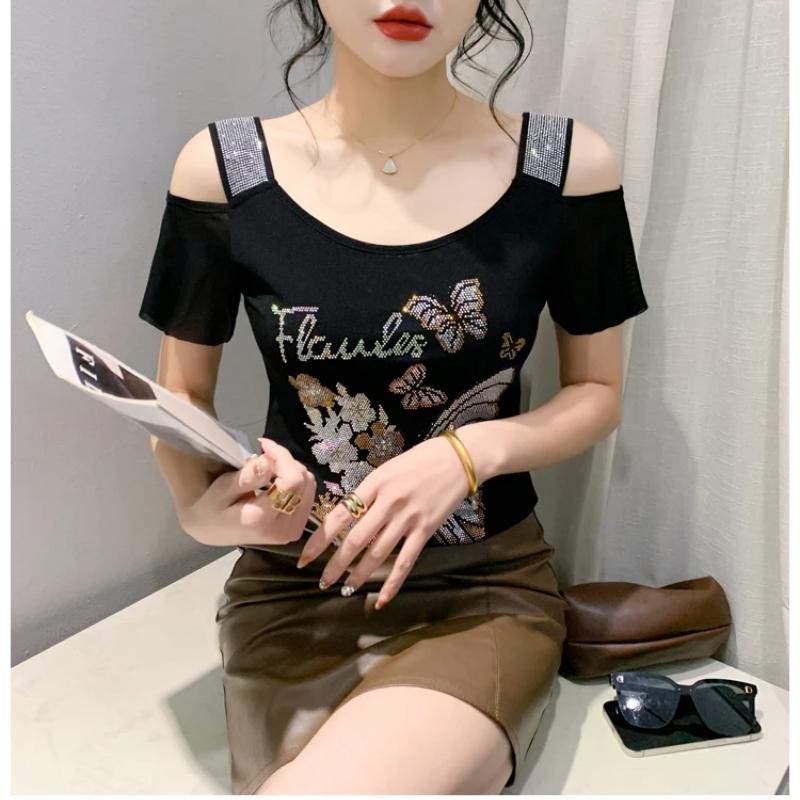 Fashion Women’s Mesh Bling Butterfly T-Shirt Clothes Sexy Off Shoulder Luxury Hot Diamonds Tops Summer Short Sleeve Female Tees Blouse