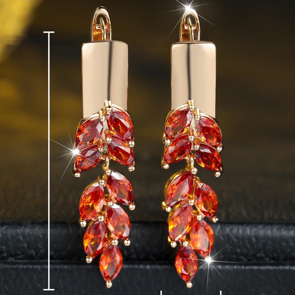 Crystal Red Zircon Stone Leaf Hoop Earrings For Women Vintage Gold Color Wedding Jewelry