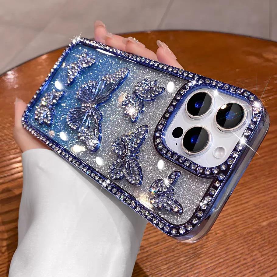 

Блестящий 3D Чехол-бабочка для iPhone 17 16 15 14 13 12 11 Pro Max с бриллиантами, блестками, стразами, розовый, милый чехол для девочек For iphone 16