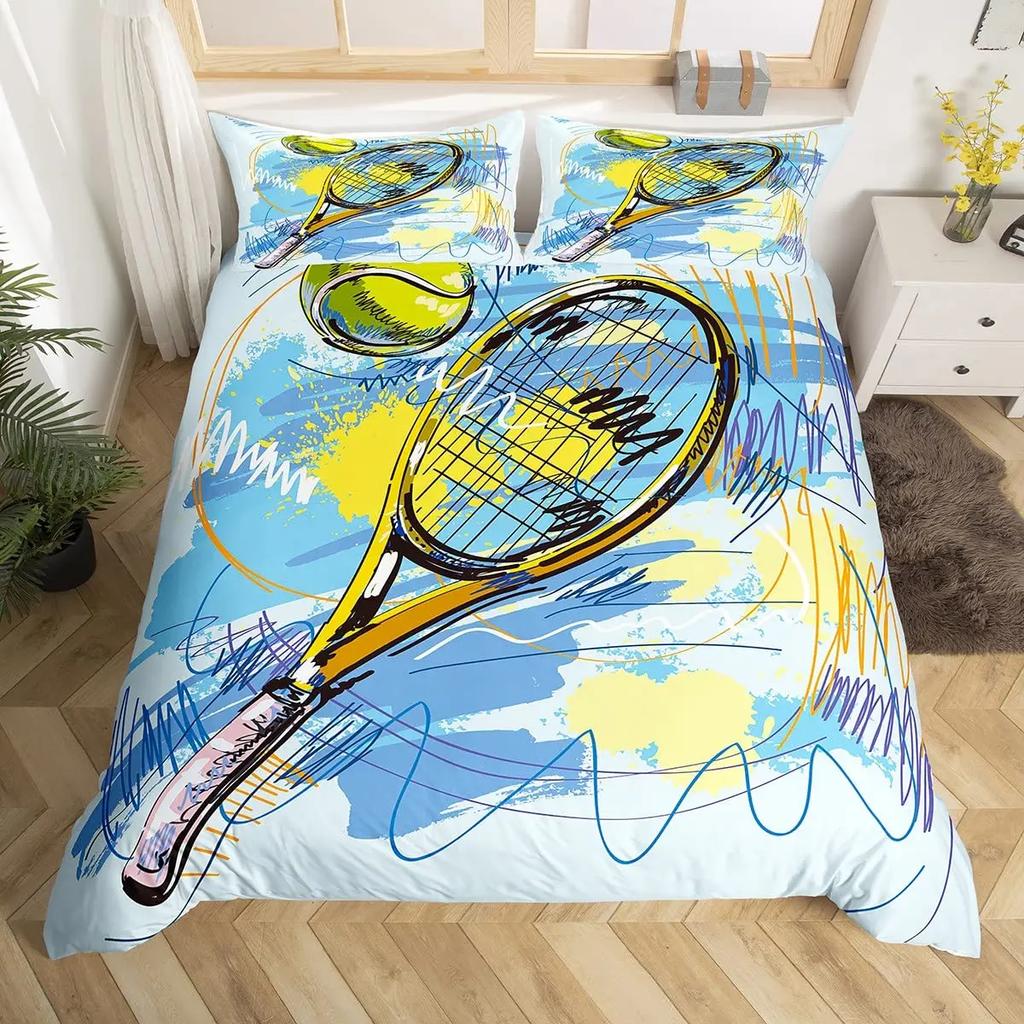 Tennis Court Print Duvet Cover Set,Boys Sports Games Themed Comforter Cover,Yellow Tennis Racket Sporting Equipment Bedding Set