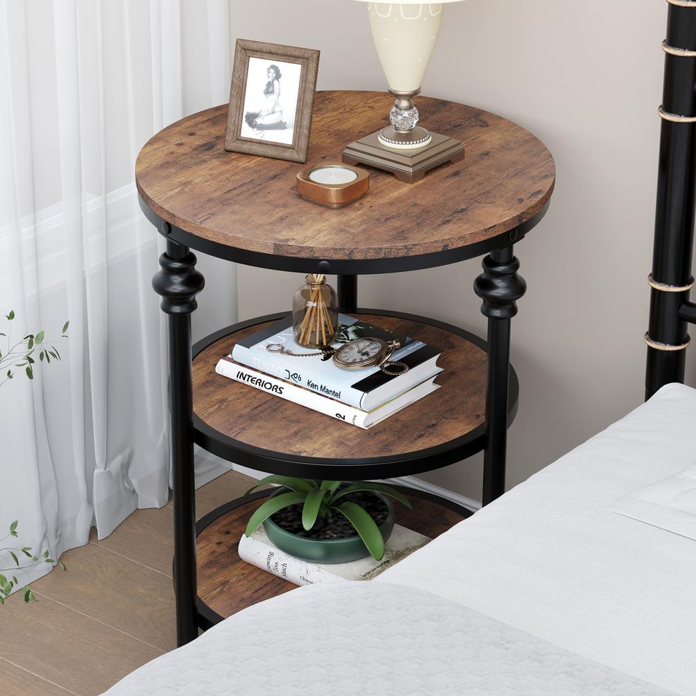 3-Tier Round Side Table Accent Table with Storage Shelf and Metal Industrial Wood Bed Side Table Night Stand for Bedroom