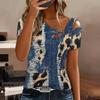 Women Leopard Print Cold Shoulder Short Sleeve T Shirt Irregular Cutout Neck Casual Summer Blouse Top