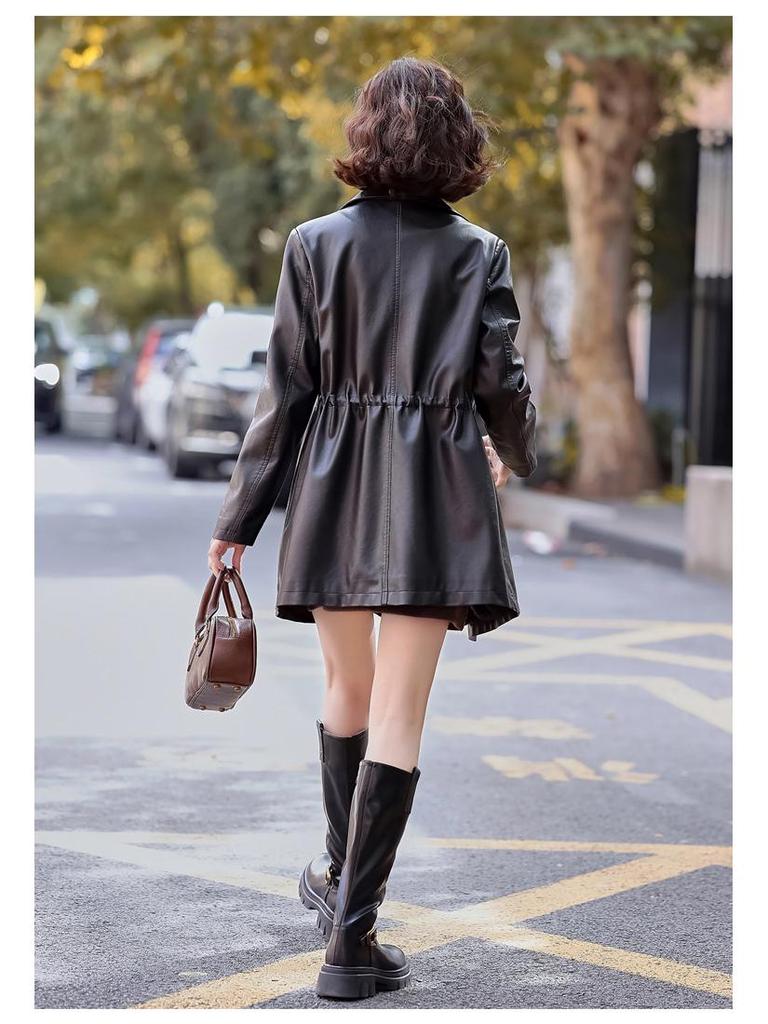 Women's PU Leather Trench Coat with Suit Collar, Double-Breasted, Mid-Length, Waist-Slimming for Spring/Autumn - Model YG82936.