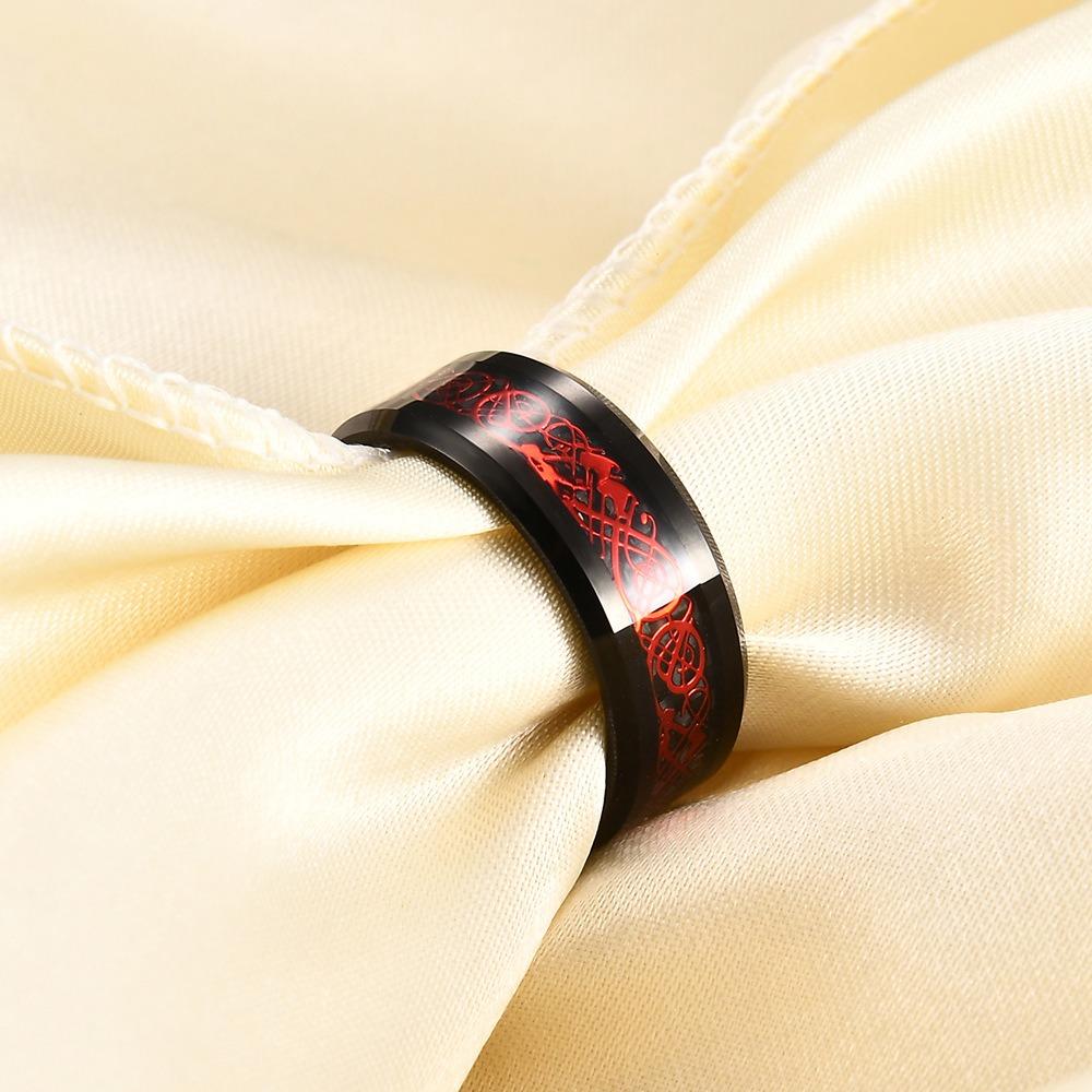 8MM Tungsten Steel Ring with Dragon Design Inlaid Stainless Steel Smooth Finish Mens Jewelry