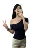 Human Cotton, Design Off-the-shoulder Top T-shirt, Careful Machine, One-word Shoulder Asymmetrical Slim-fitting and Thin Short-sleeved Bottoming Shirt