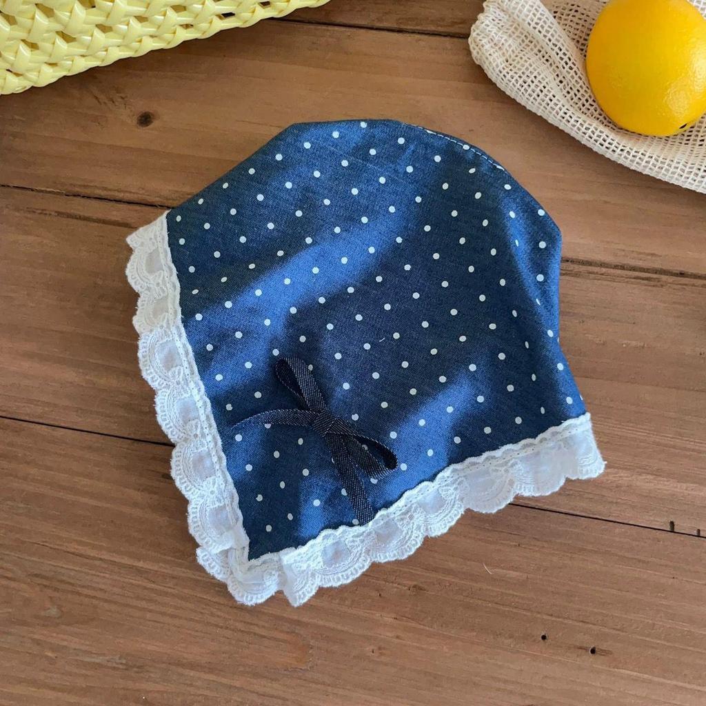 French Blue Plaid Lace Triangle Scarf Headband - Pastoral Style Women's Hair Accessory with Seaside Vibe