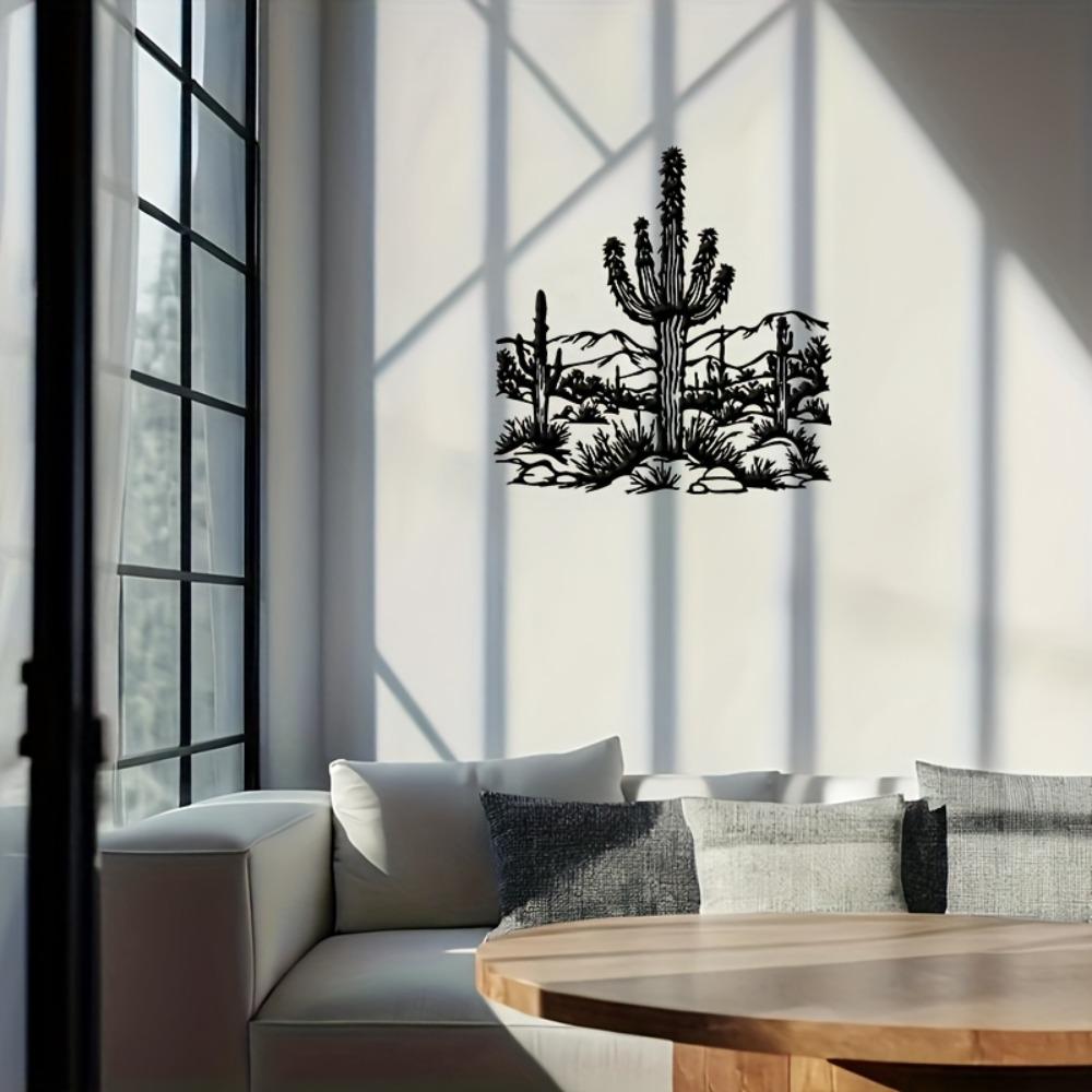 Iron Metal Wall Art Desert Cactus Sculpture, Black Southwest Landscape Decor for Outdoor Patio House, Durable Wrought Iron Hanging Sign