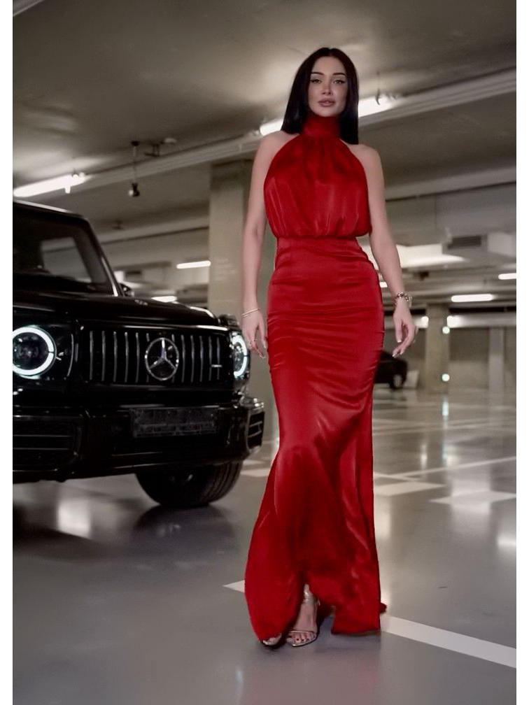 

Европейское и американское атласное вечернее платье с высоким воротом 2025 года M алый