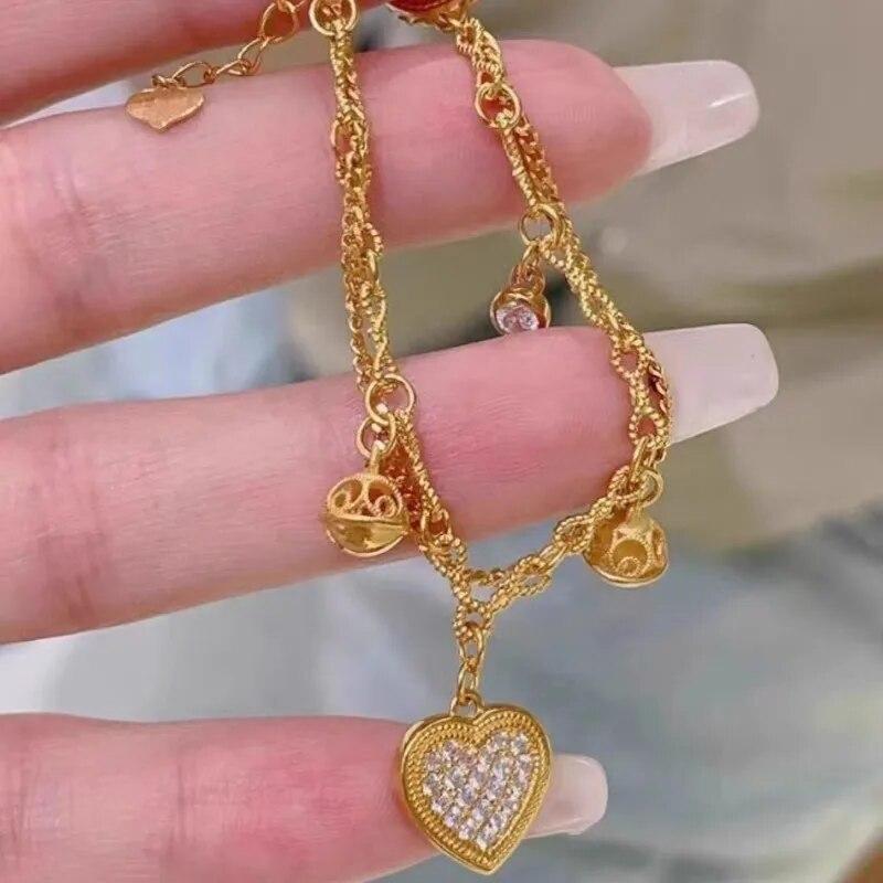 ANENJERY Gold Color Love Heart Zircon Pendants Bracelet Double Layer Chain Charm Valentine's Day Jewelry Gifts For Women Lovers